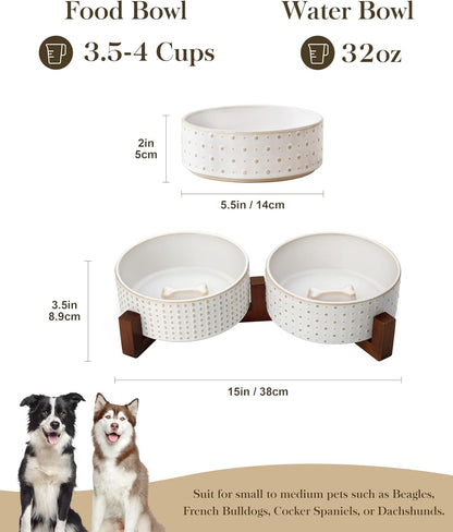 MALACASA Dog Bowl Set with Walnut Wood Stand, 3.5 Cups Ceramic Pet Bowls for Puppy Dogs, Dual Food