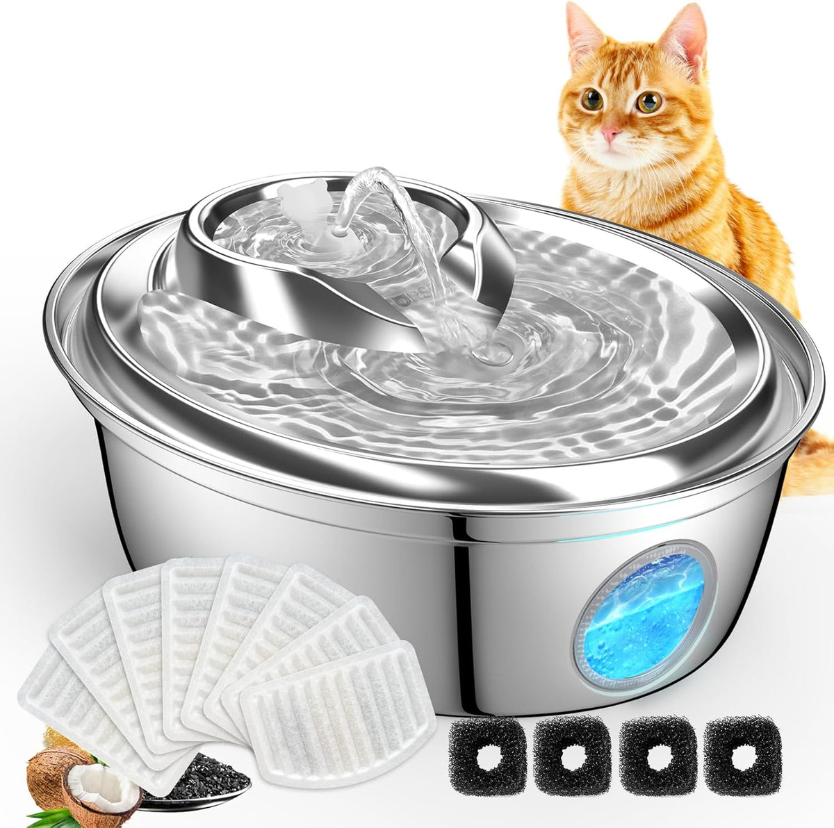 ORSDA Cat Water Fountain Stainless Steel 67oz/2L, Automatic Pet Drinking Fountain with Water Level