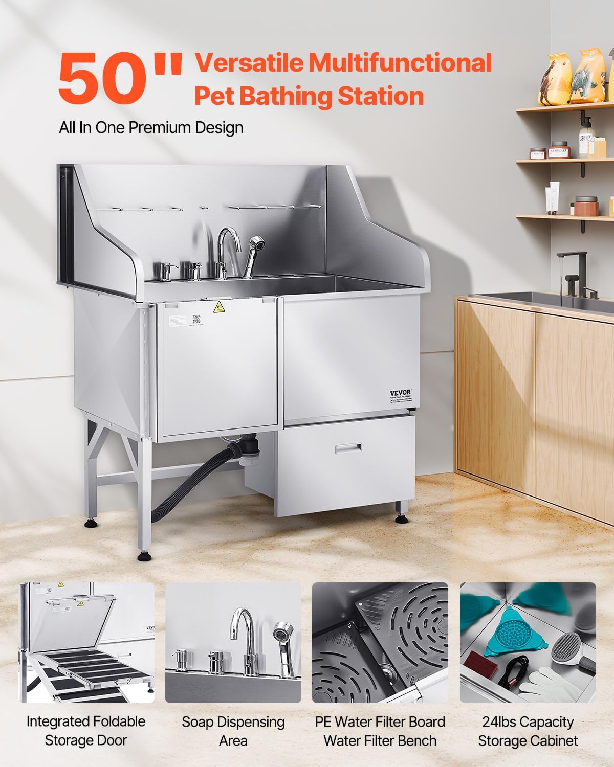 VEVOR Professional 304 Stainless Steel Dog Bathing Station, 50 inch Pet Grooming Tub w/Anti-Slip