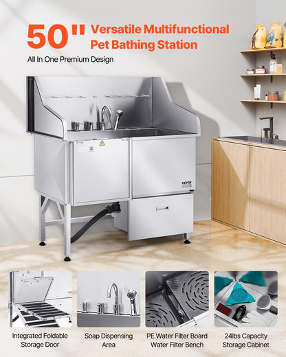 VEVOR Professional 304 Stainless Steel Dog Bathing Station, 50 inch Pet Grooming Tub w/Anti-Slip