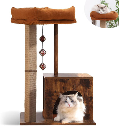 FUKUMARU Cat Scratching Post, Modern Style Cat Tree with Unique Square Post, Wooden Cat Tower with