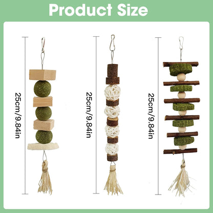 WDEFUN 3 PCS Bunny Chew Toys, Natural Hanging Rabbit Chew Toy Treats for Guinea Pigs Hamsters