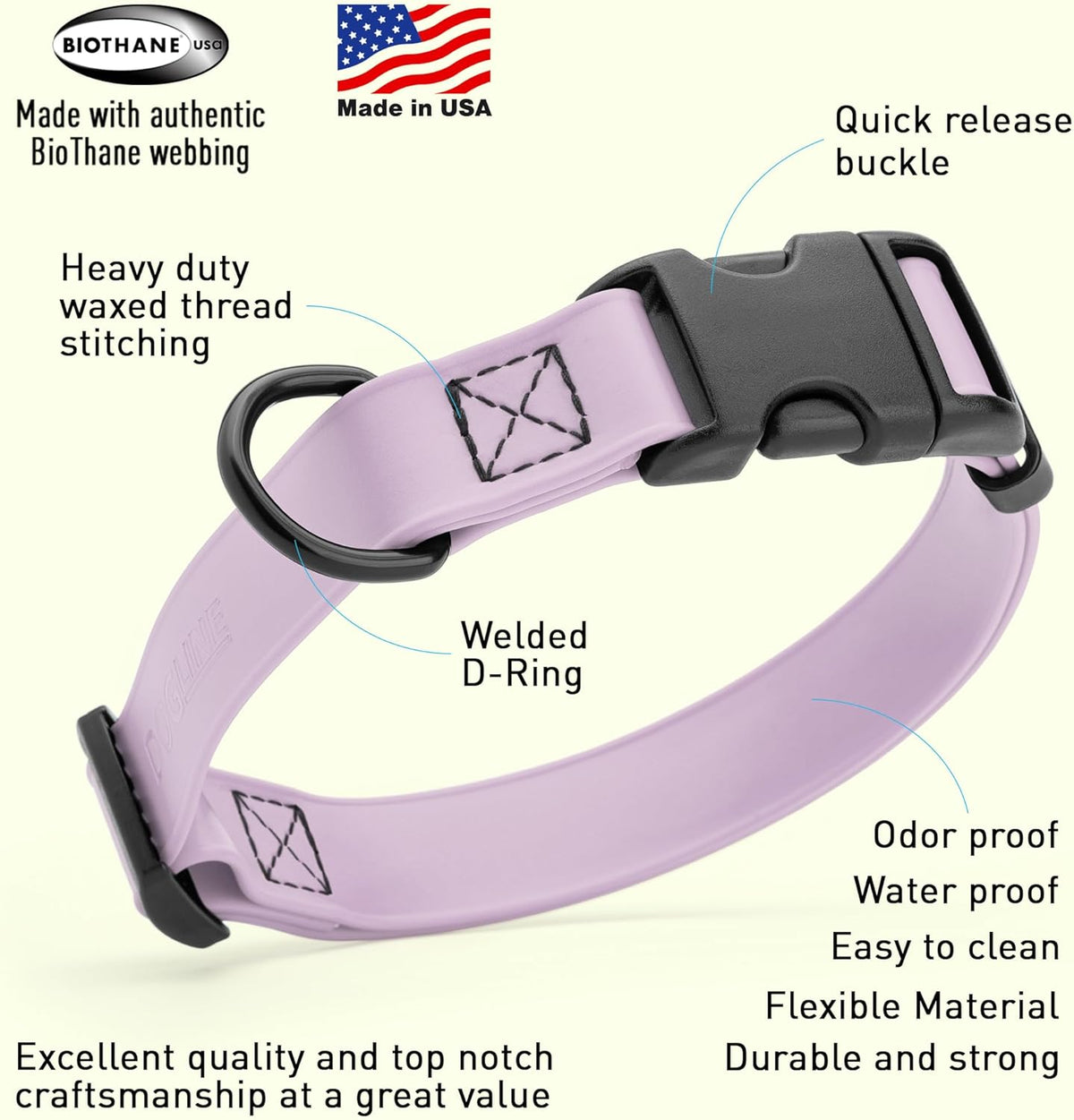 Dogline Biothane Waterproof Dog Collar with Quick Release Buckle Strong Coated Nylon Webbing with