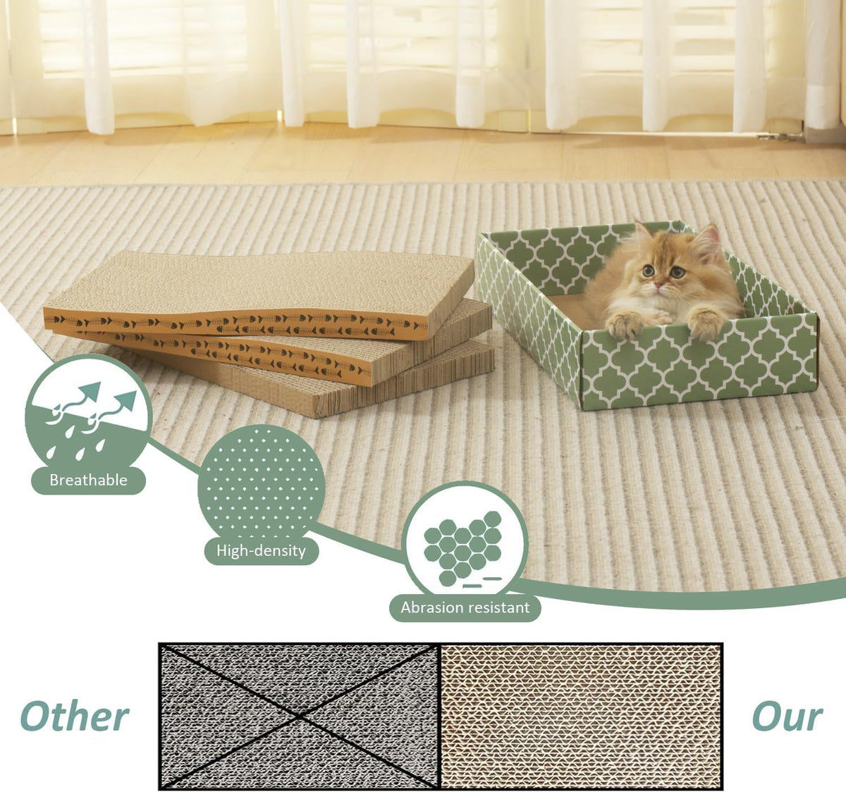 MECOOL Cat Scratching Board，3PC Scratch Pad with Box，Reversible Corrugated Scratcher Cardboard and