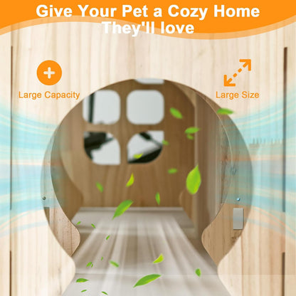 Natural Wooden Rabbit Castle House,Extra Large Hideout for Rabbit Guinea Pig Chinchilla