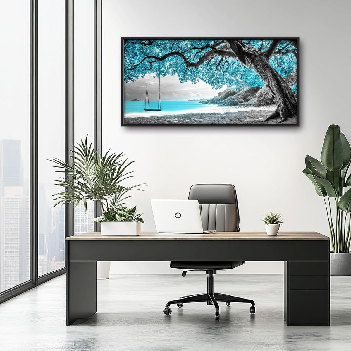 Extra Large Framed Abstract Tree Wall Art,Black and White Tree of Life Wall Decor,Blue Teal Sea