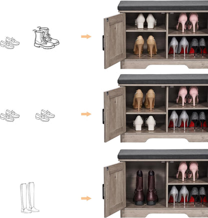 2-Tier Storage Bench, Shoe Bench with Padded Seat Cushion, Entryway Bench with 2 Barn Doors