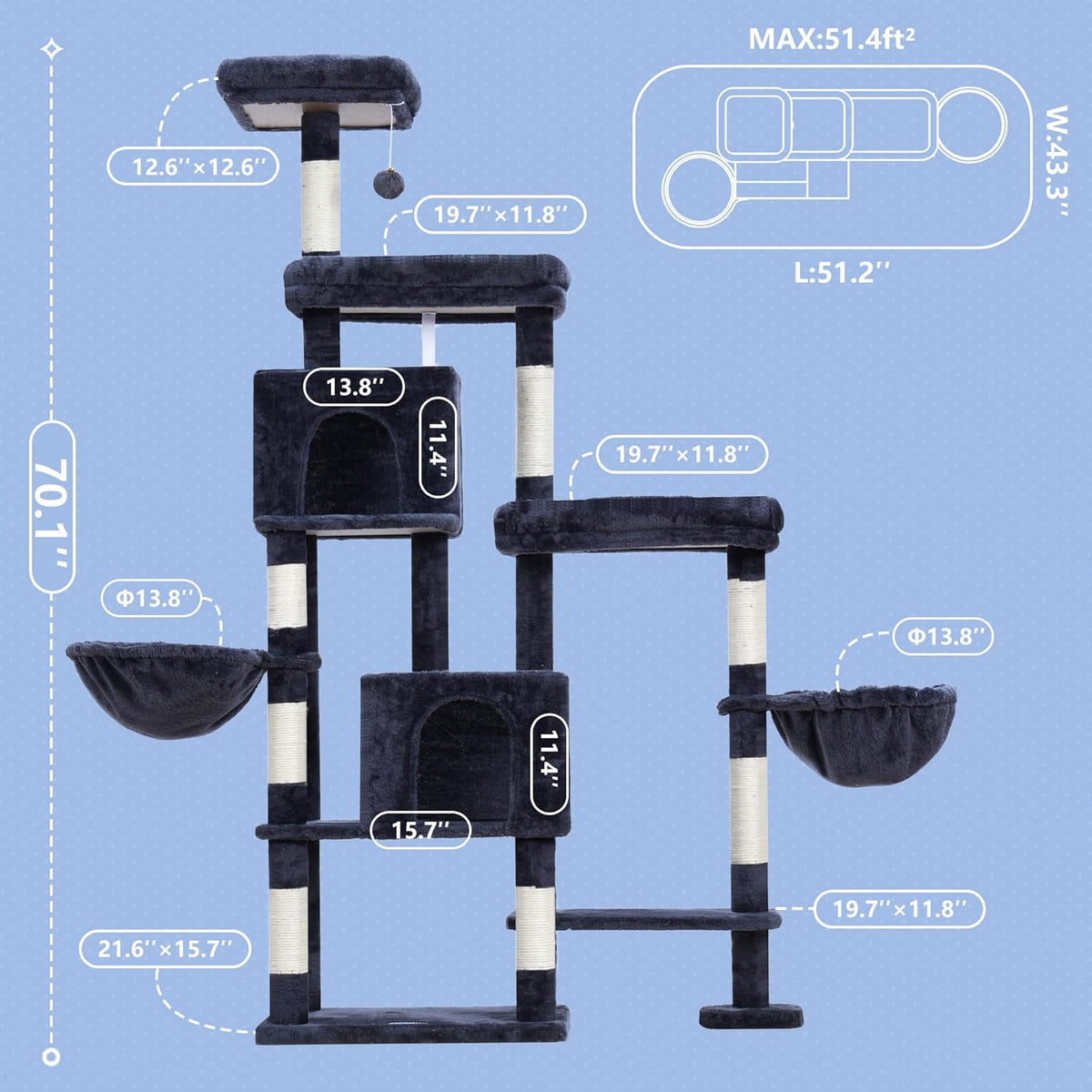 Hey-brother Cat Tree Tower, Scratching Posts with a Extended Part, Wide Platforms, Cozy Condos