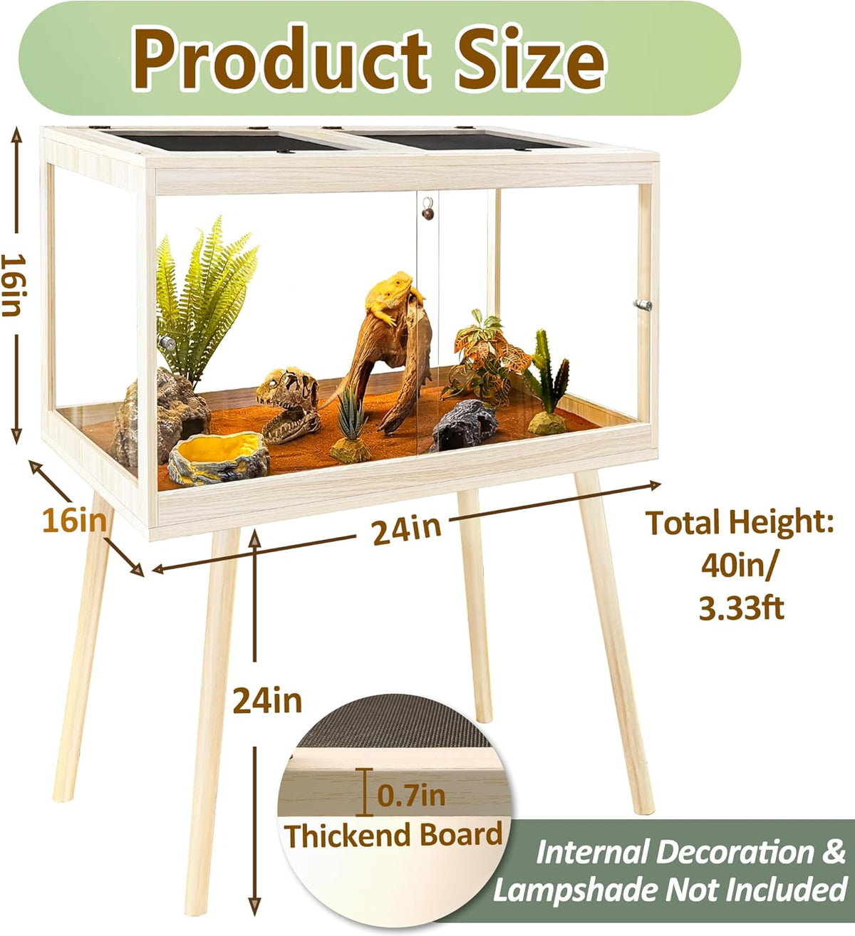 PROLEE Tempered Glass Reptile Enclosure with Leg,24“ Scratch-Proof Bearded Dragon Tank,28 Gallon