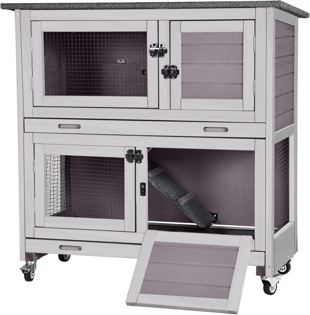 Rabbit Hutch Bunny Cage, Guinea Pig Cage Bunny Hutch Indoor, Wood Pet Cage with 4 Casters -2 Story