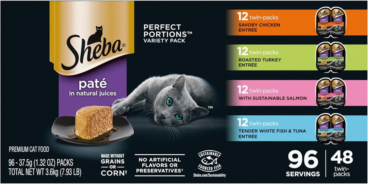 Sheba Perfect Portions Wet Cat Food Pate Savory Chicken, Roasted Turkey, with Sustainable Salmon