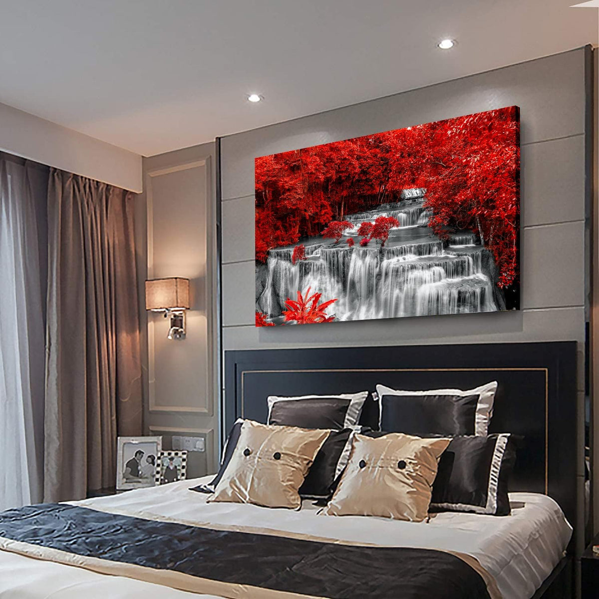 Yxbhhym Black White and Red Waterfall Canvas Wall Art- Red Tree Prints Landscape Posters Framed