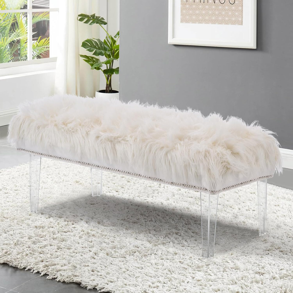 46 Inch White Bedroom Bench, Benches for Bedroom White Faux Fur Upholstered Bed end Bench, Tufting