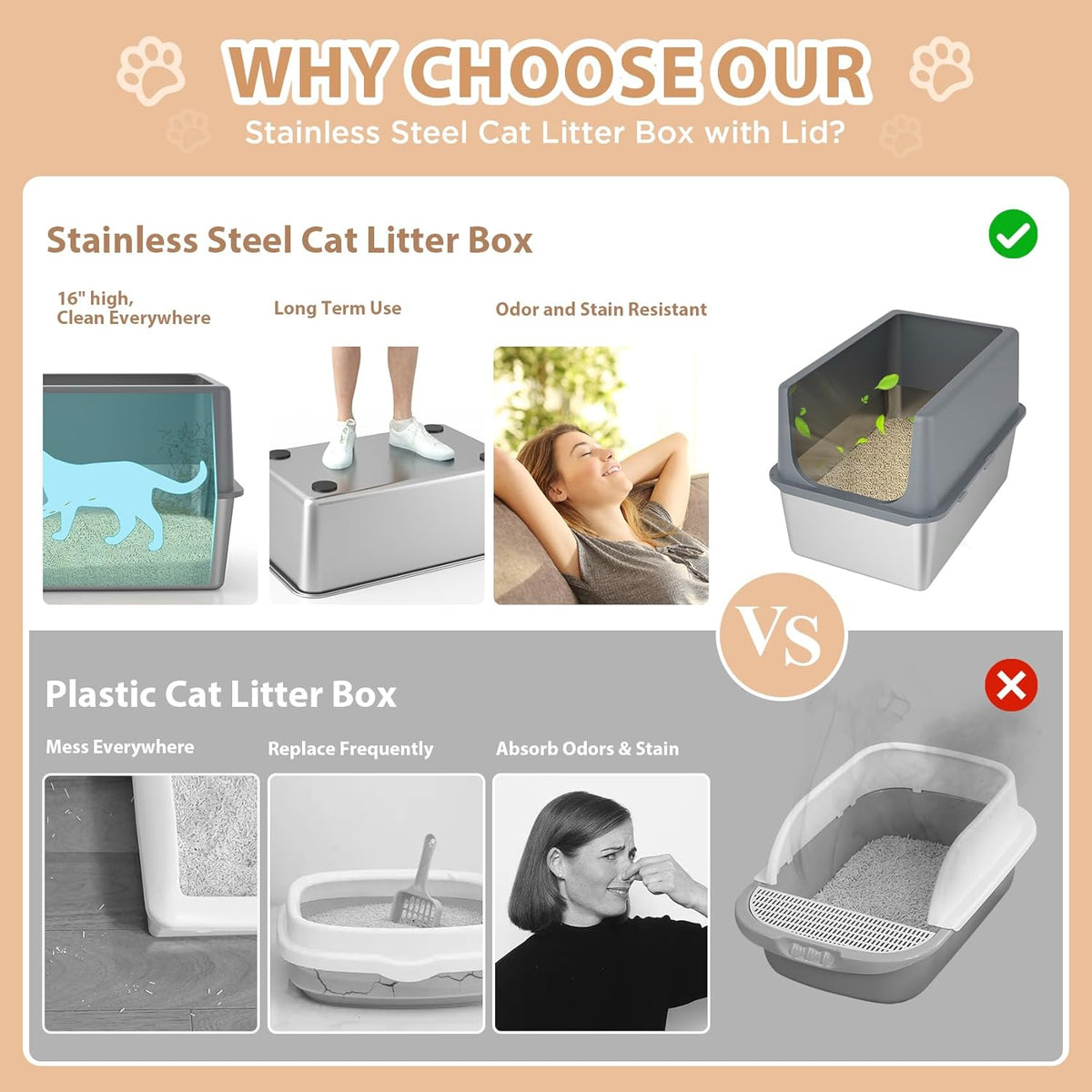 Large Stainless Steel Litter Box with Lid, High Sides, 16" Metal Cat Litter Box, Extra Large Litter