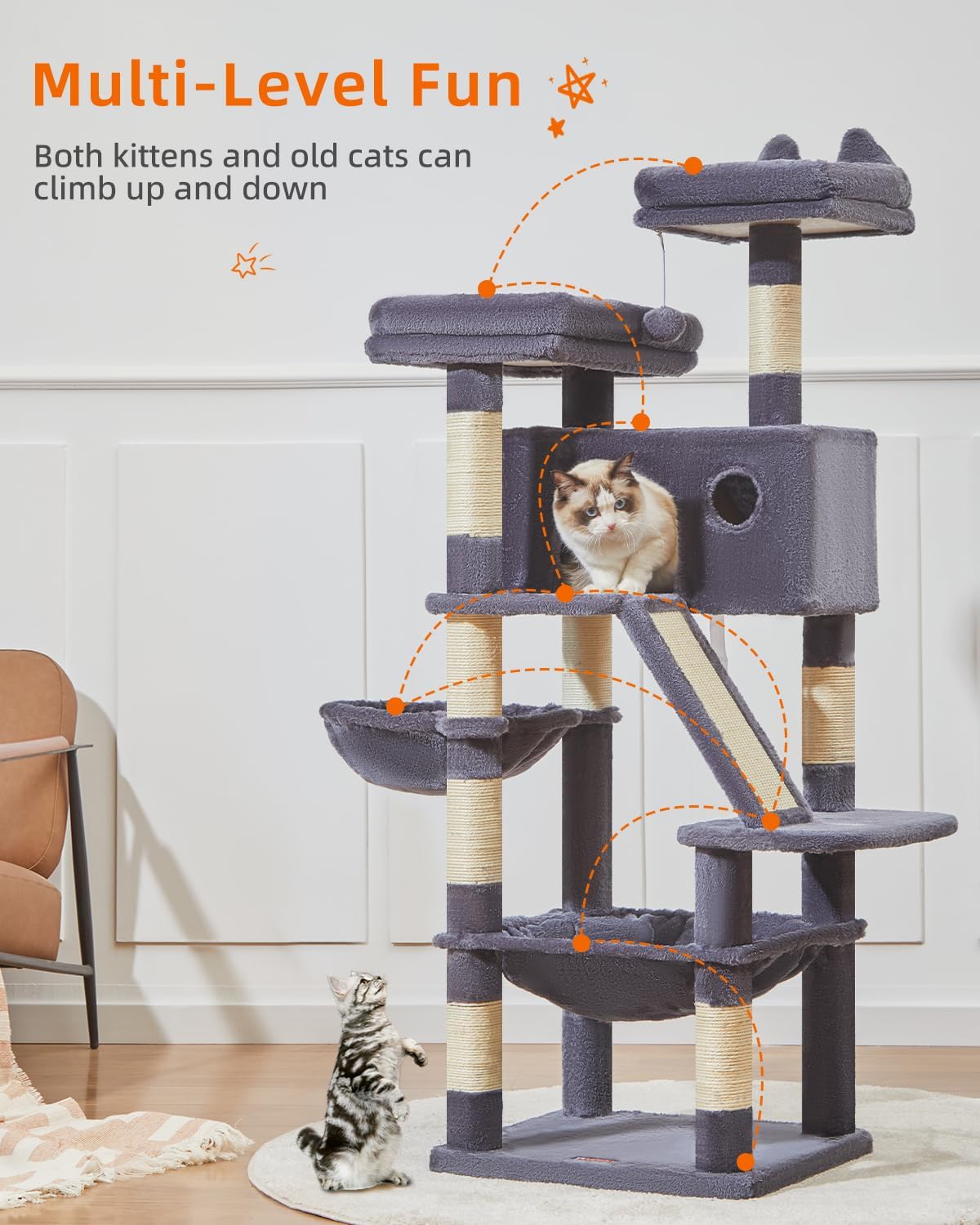 Taoqimiao Cat Tree 57.5-Inch, Cat Tower for Indoor Cats Large Adult, Extra Large Cat Condo, 8 Sisal
