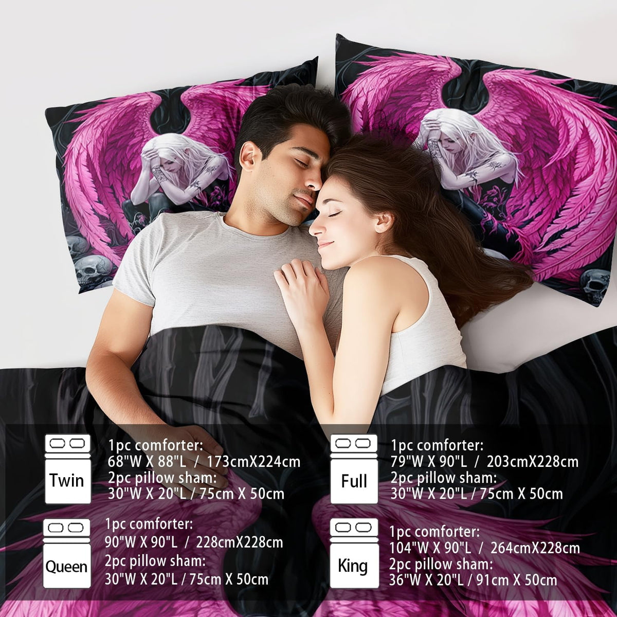 Gothic Skull Comforter Set Full for Adults,Angel Wings Bedding Set Pink for Girls,Sexy Angel