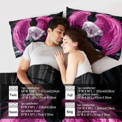 Gothic Skull Comforter Set Twin for Adults,Angel Wings Bedding Set Pink for Girls,Sexy Angel