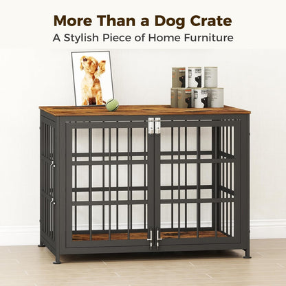 32 Inch Heavy Duty Wooden Dog Kennel End Table with Double Door Design and Secure Locks, Indoor Pet