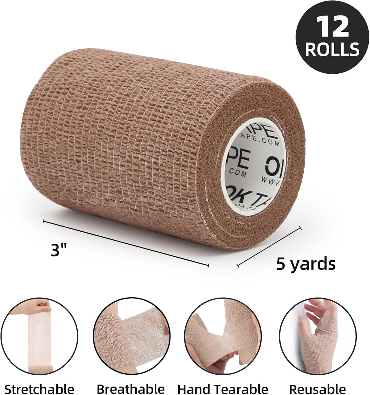 OK TAPE Self Adherent Cohesive Bandages Wrap - 12Packs, 3" x 5 Yards, Non-Woven Self Adhesive