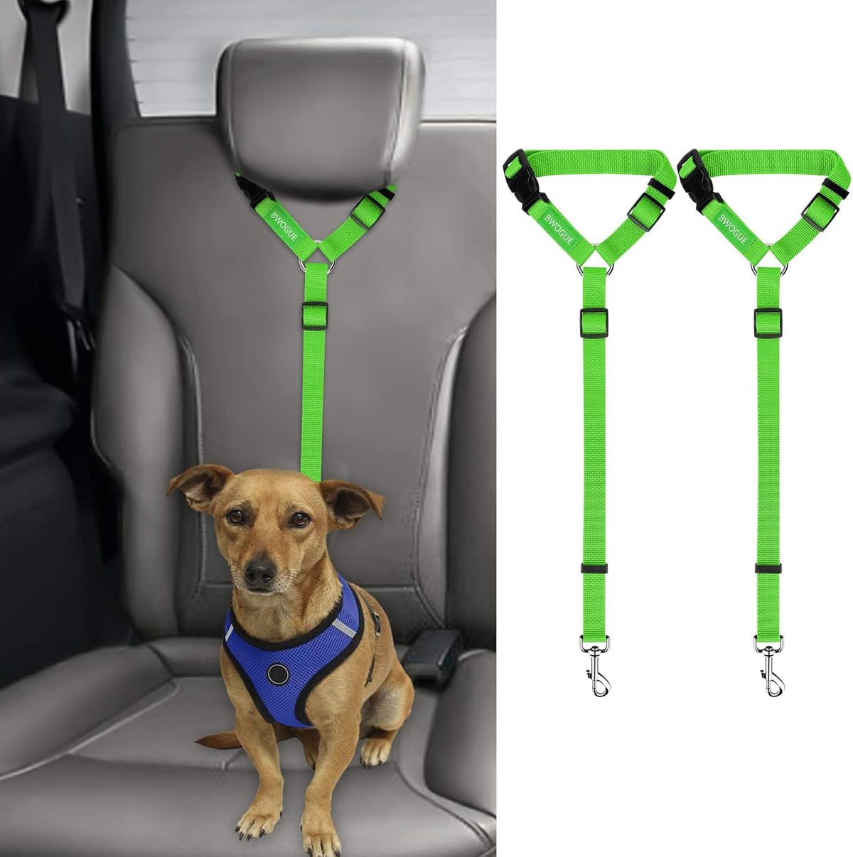 BWOGUE 2 Packs Dog Cat Safety Seat Belt Strap Car Headrest Restraint Adjustable Nylon Fabric Dog