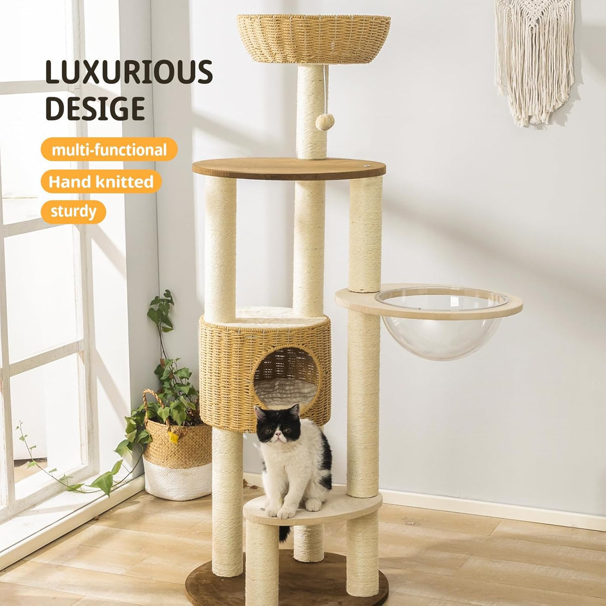 2025 Modern Cat Tree Tower for Large Cats, Advanced Space Module Cat's Nest, Hand Woven Multilevel