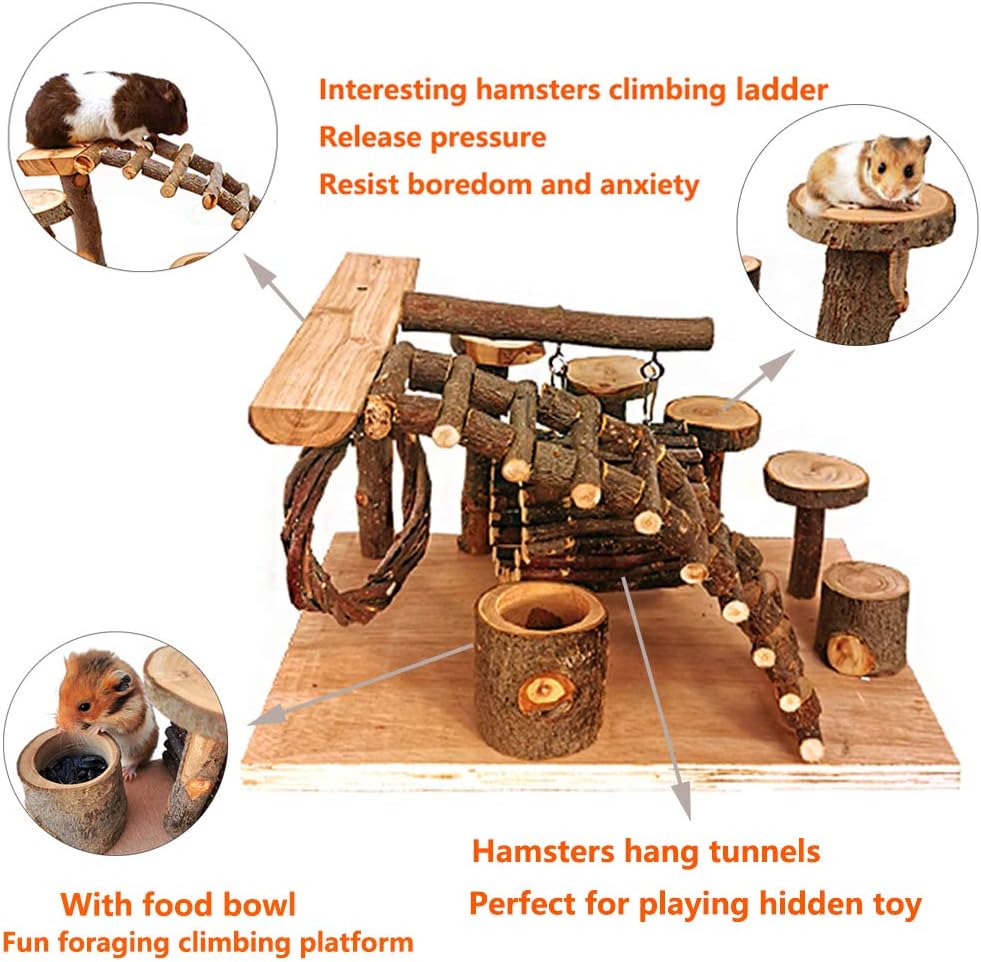 Tfwadmx Wooden Hamster Playground Platform, Small Animals Activity Set Climbing Bridge Ladder Ramps