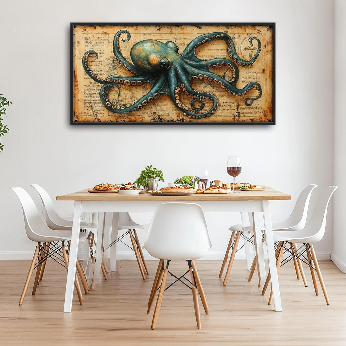 Large Octopus Nautical Wall Art for Living Room, Vintage Ocean Canvas Oversized Wall Decor, Rustic