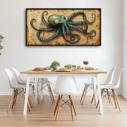Large Octopus Nautical Wall Art for Living Room, Vintage Ocean Canvas Oversized Wall Decor, Rustic