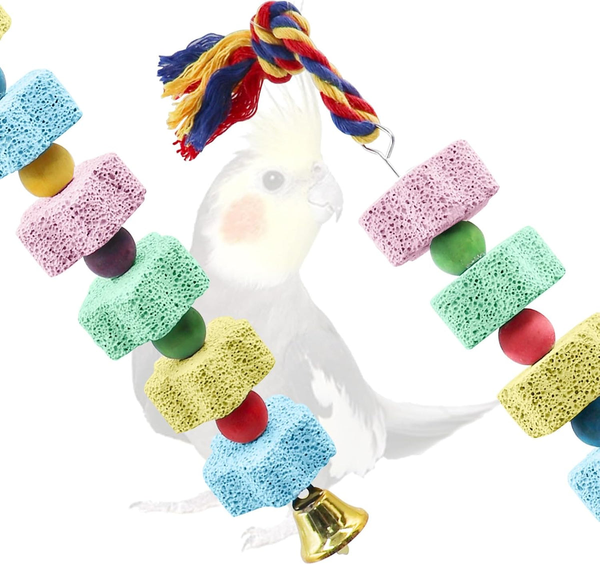 2 Pack Bird Chewing Toy, Colorful Parrot Beak Grinding Calcium Stone with Bells, Cage Accessories