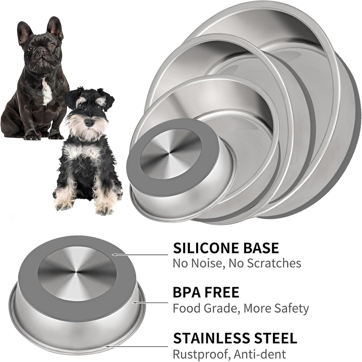 Taglory 4 Cup Stainless Steel Dog Bowls Set of 2 for Food and Water, Silicone Base Anti-Slip, Rust