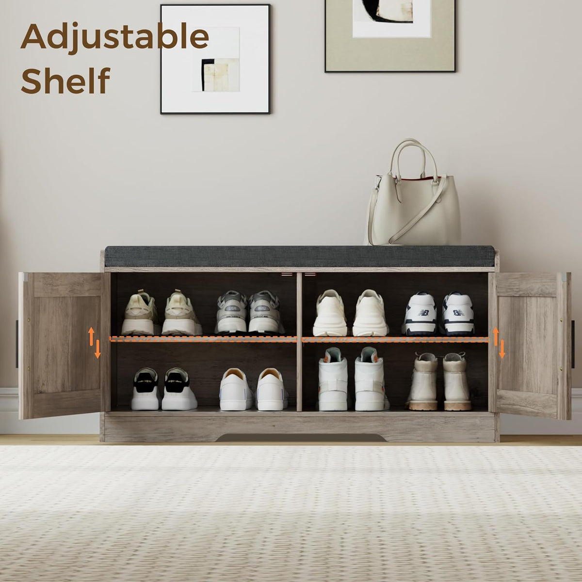 2-Tier Storage Bench, Shoe Bench with Thickened Padded Seat Cushion, Entryway Bench with 2 Doors