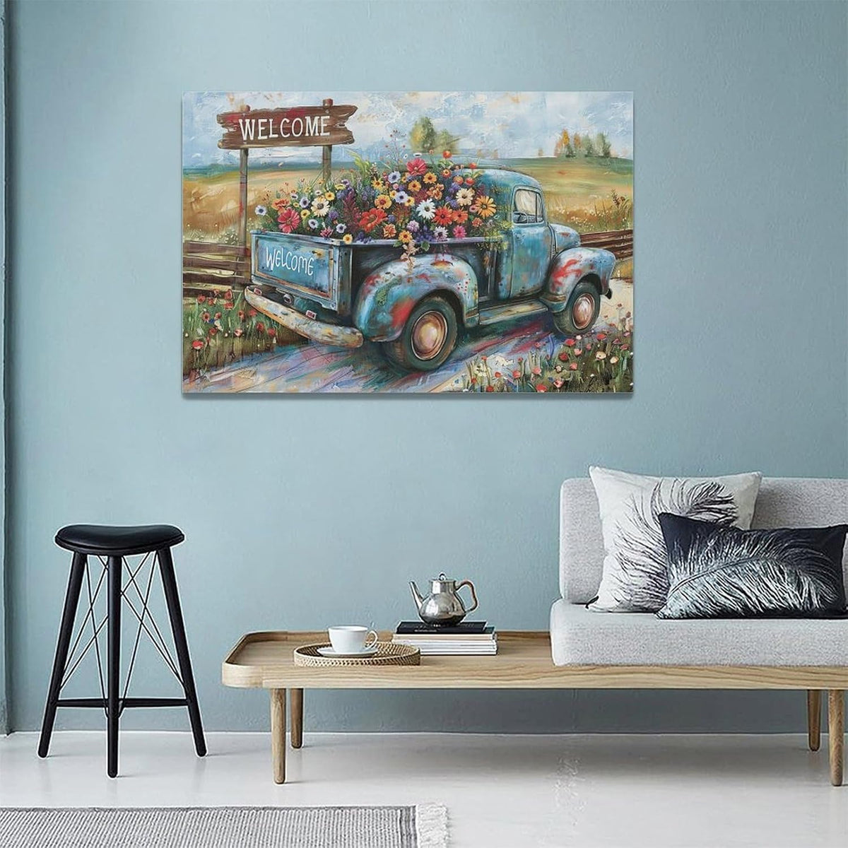 Farmhouse Truck Wall Art Rustic Country Wildflowers Wall Decor Road Flowers Landscape Pictures