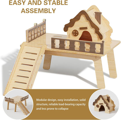 Wooden Hamster Platform and Dwarf Hamster House,Cute Syrian Hamster Tiny House Hideout,Large