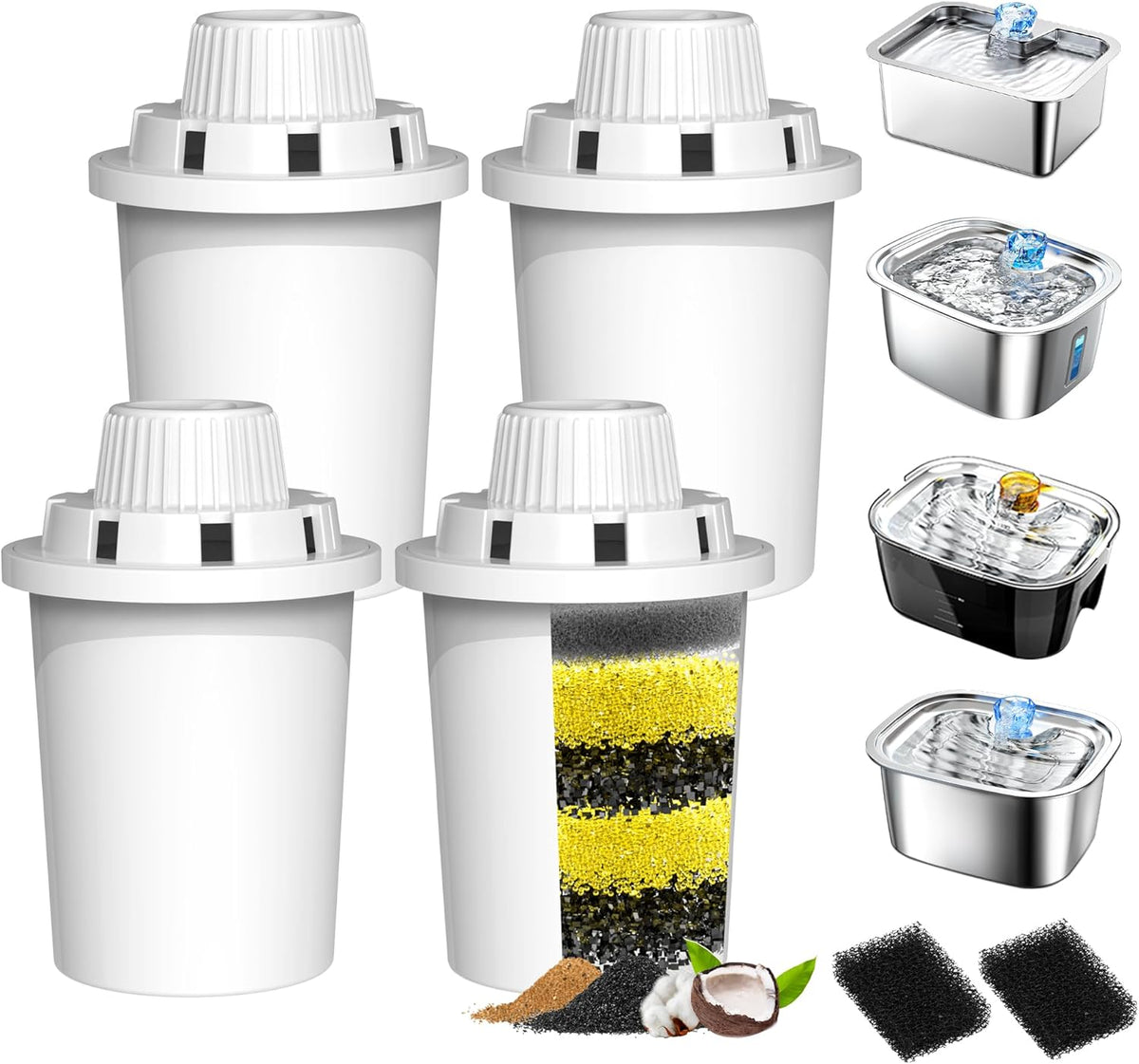 Dog Water Fountain Filters Replacement 4 Packs, 2 Months Set of Replacement Filter with 2 Sponges