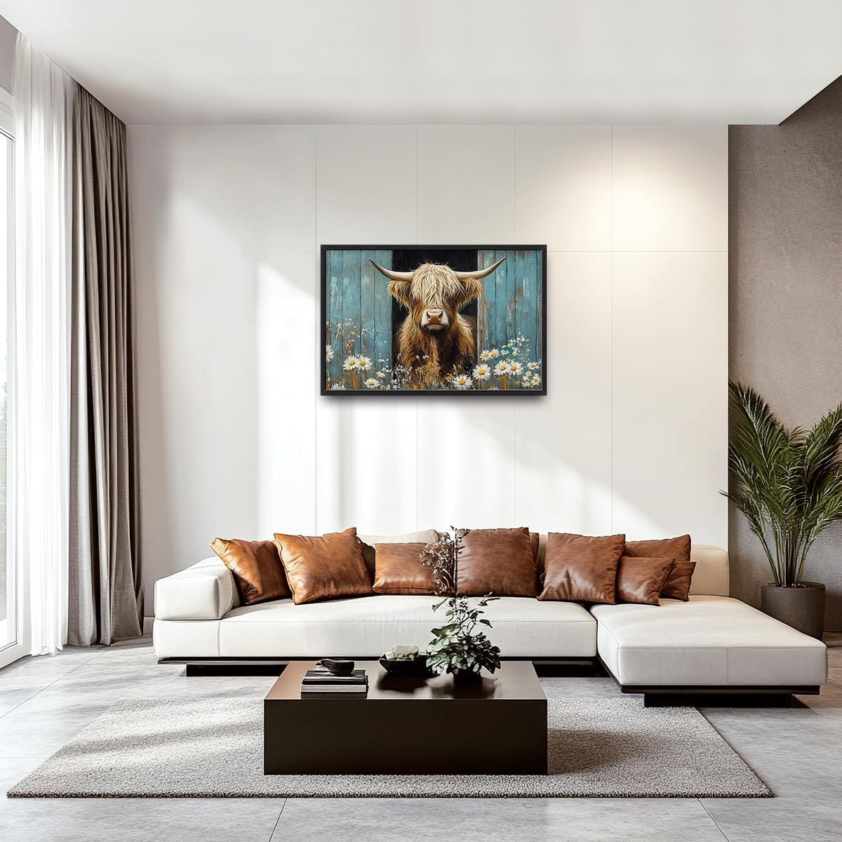 Large Farmhouse Highland Cow Country Wall Art for Living Room, Floral Canvas Oversized Wall Decor