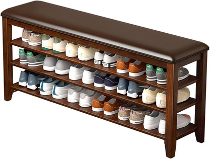 Shoe Bench Storage Rubberwood with Leather Cushion for Entryway Bench Ideal for Hallways Shoe Rack