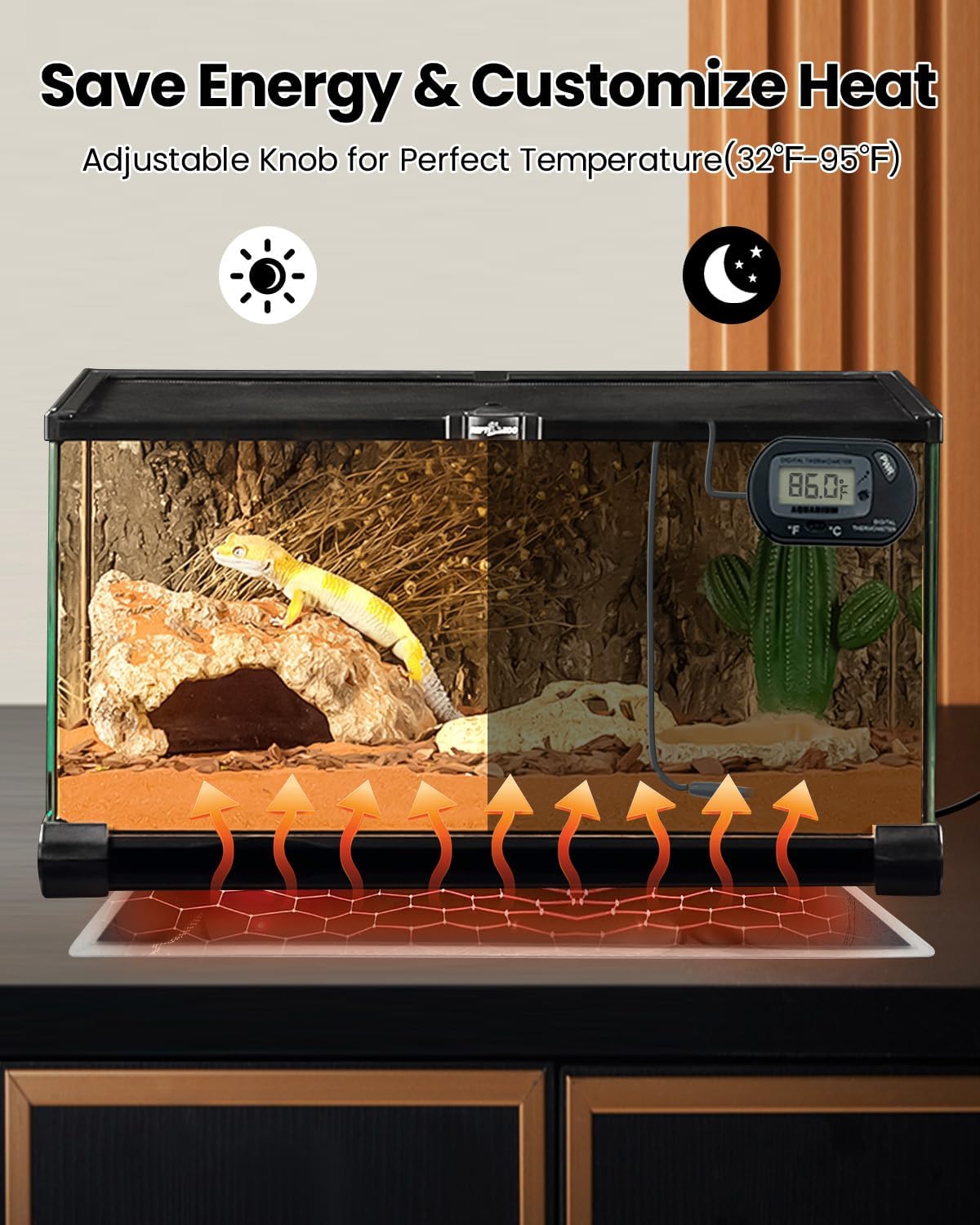 MQ Reptile Terrarium Heat Pad with LCD Digital Aquarium Thermometer, 5.5 x 6in Power Adjustment