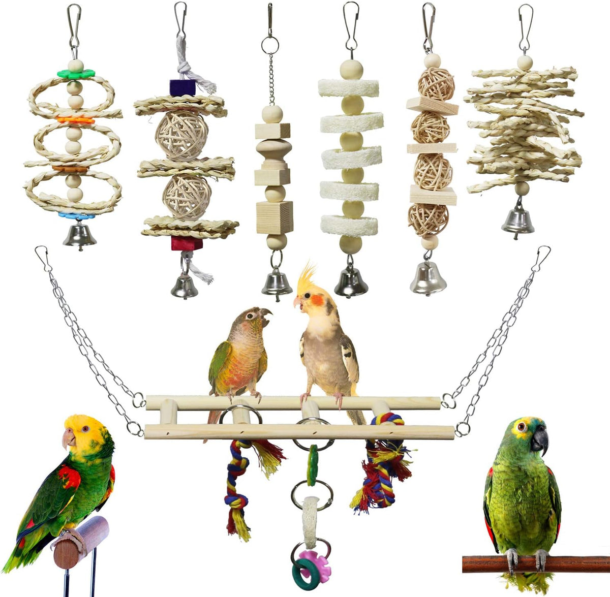 BWOGUE 7 Pack Bird Parrot Toys - Natural Wood Chewing, Climbing, Hanging & Hammock Toys for Small
