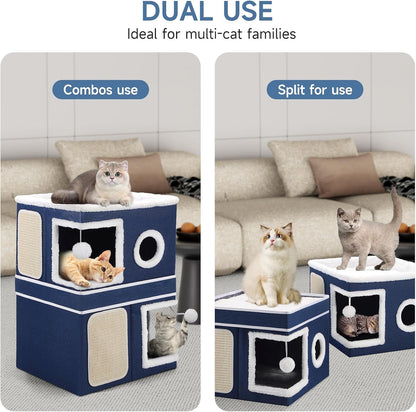2-Storey Cat House for Indoor Cats, Large Double Cat Bed Cave with Hideaway Condos, Scratch Pads
