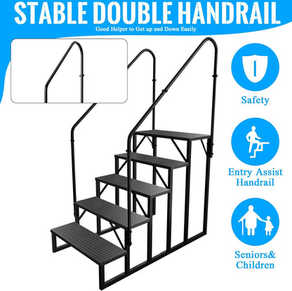 RV Stairs 5 Step Ladder, RV Steps Anti-Slip, Hot Tub Steps with Handrail, 660 lbs RV Ladder for 5th