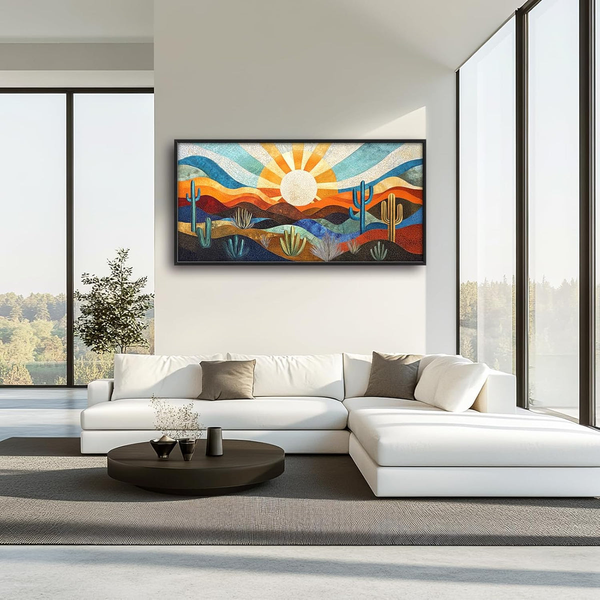 Extra Large Framed Abstract Boho Desert Wall Art, Sun Cactus Landscape Wall Decor Pictures for