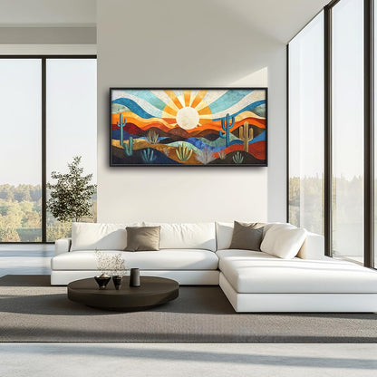 Extra Large Framed Abstract Boho Desert Wall Art, Sun Cactus Landscape Wall Decor Pictures for