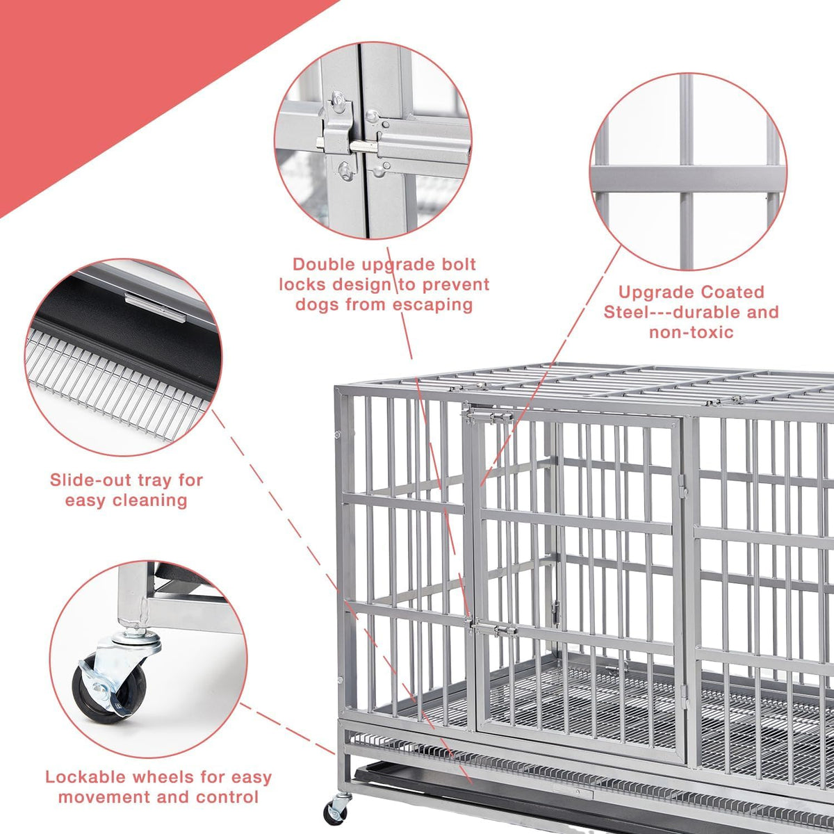 Heavy Duty Indestructible XL Dog Crate Steel Escape Proof, Indoor Double Door High Anxiety Cage