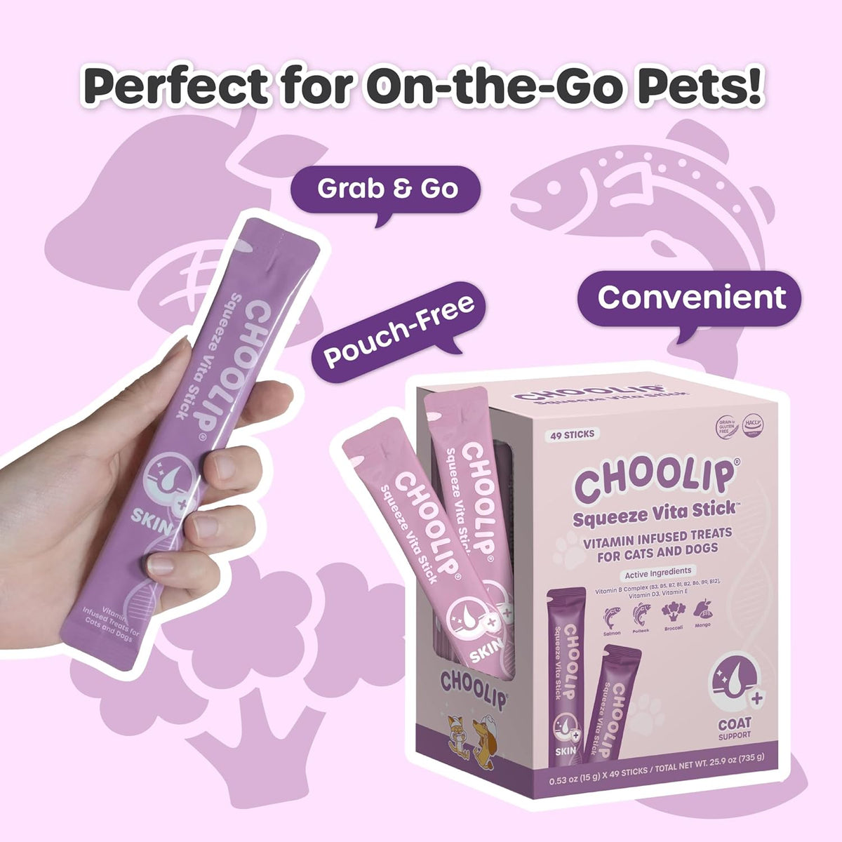 Grab & Go Squeeze Vita Stick Lickable Treats for Dogs & Cats. 49 Coat Support Sticks with Essential