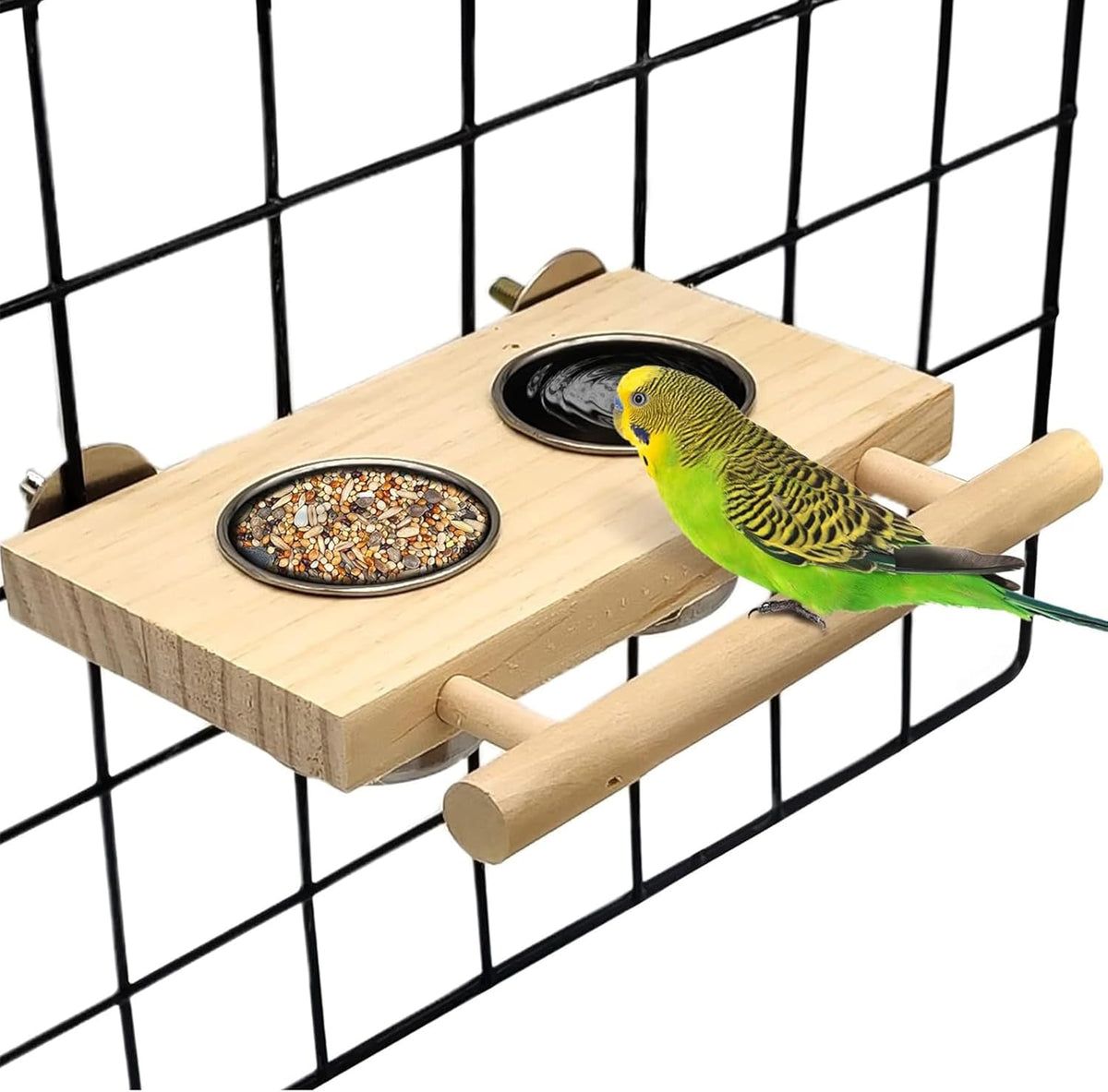 Tfwadmx Bird Feeding Dish Cups with Wooden Platform Hanging Stainless Steel Parrot Cage Feeder Bowl