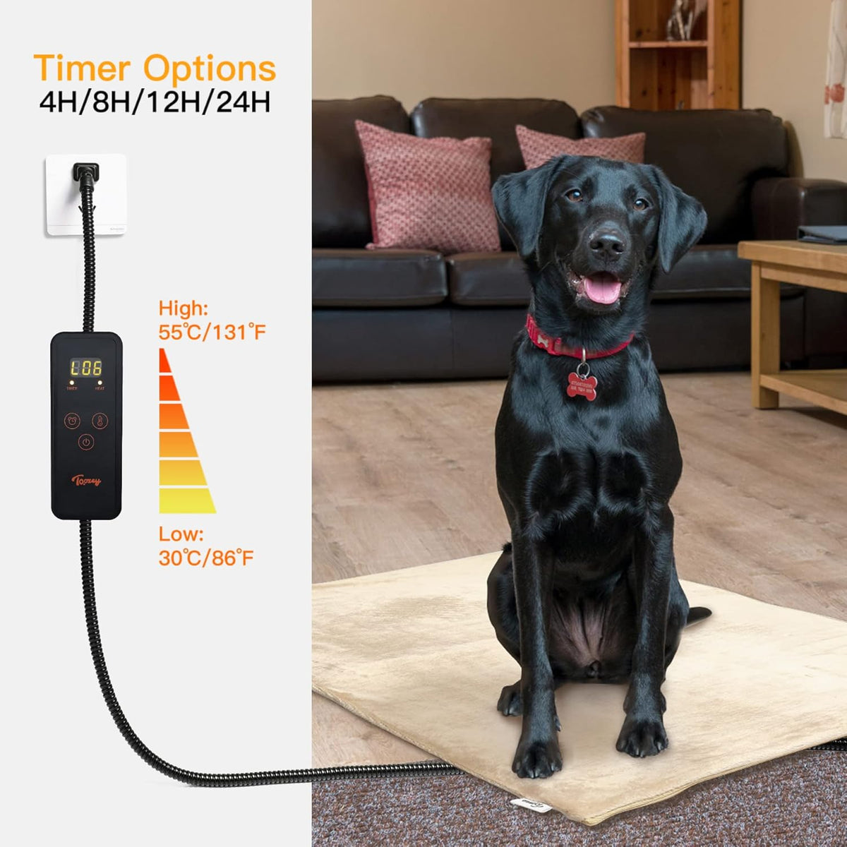 Toozey Large Pet Heating Pad, 6 Adjustable Temperature Heated Dog Bed with Timer, Waterproof