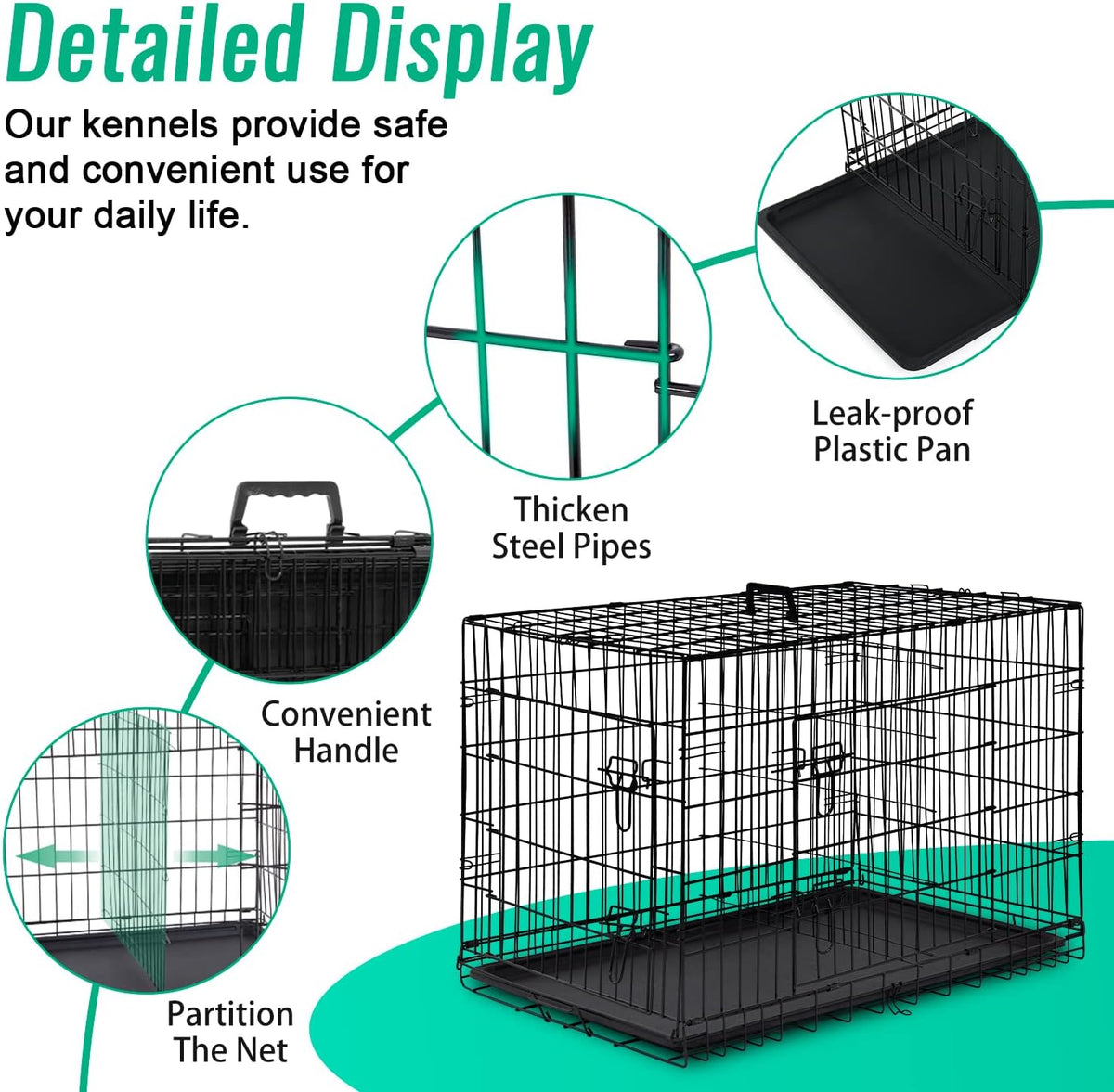 FDW Dog Crate for Large Dogs 42 Inch Folding Metal WirePet Cage Double Door W/Divider Panel Indoor
