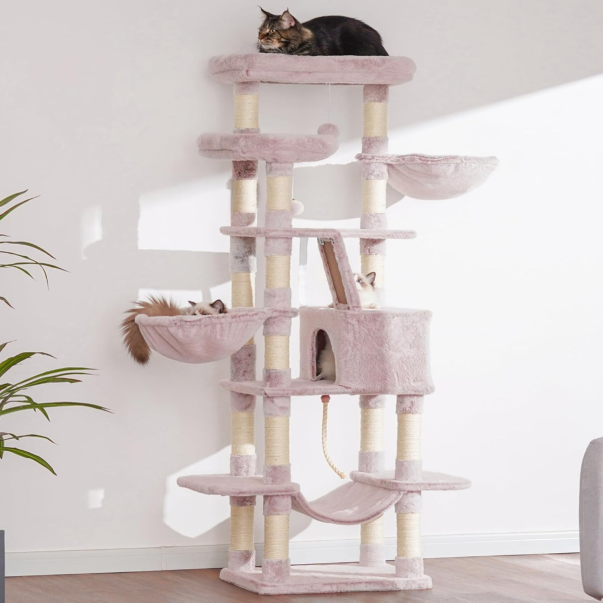 Heybly Cat Tree, 68 inch Multi-Level Cat Tower for Indoor Cats, 2 Widened Plush Perches Cat Condo