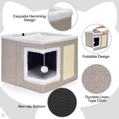 petizer Cat Bed for Indoor Cats, Large Covered Cat House with Scratch Pad, Foldable Cat Cave Bed &