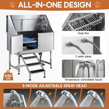 Albott 50-Inch Stainless Steel Dog Washing Station with Anti-Slip Steps, Sprayer, Faucet, and Soap